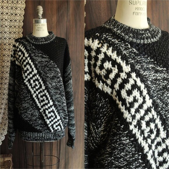 vintage Other - Vintage 1980s Mens Sweater, Fuze Black and White Unisex Jumper, Geometric Print